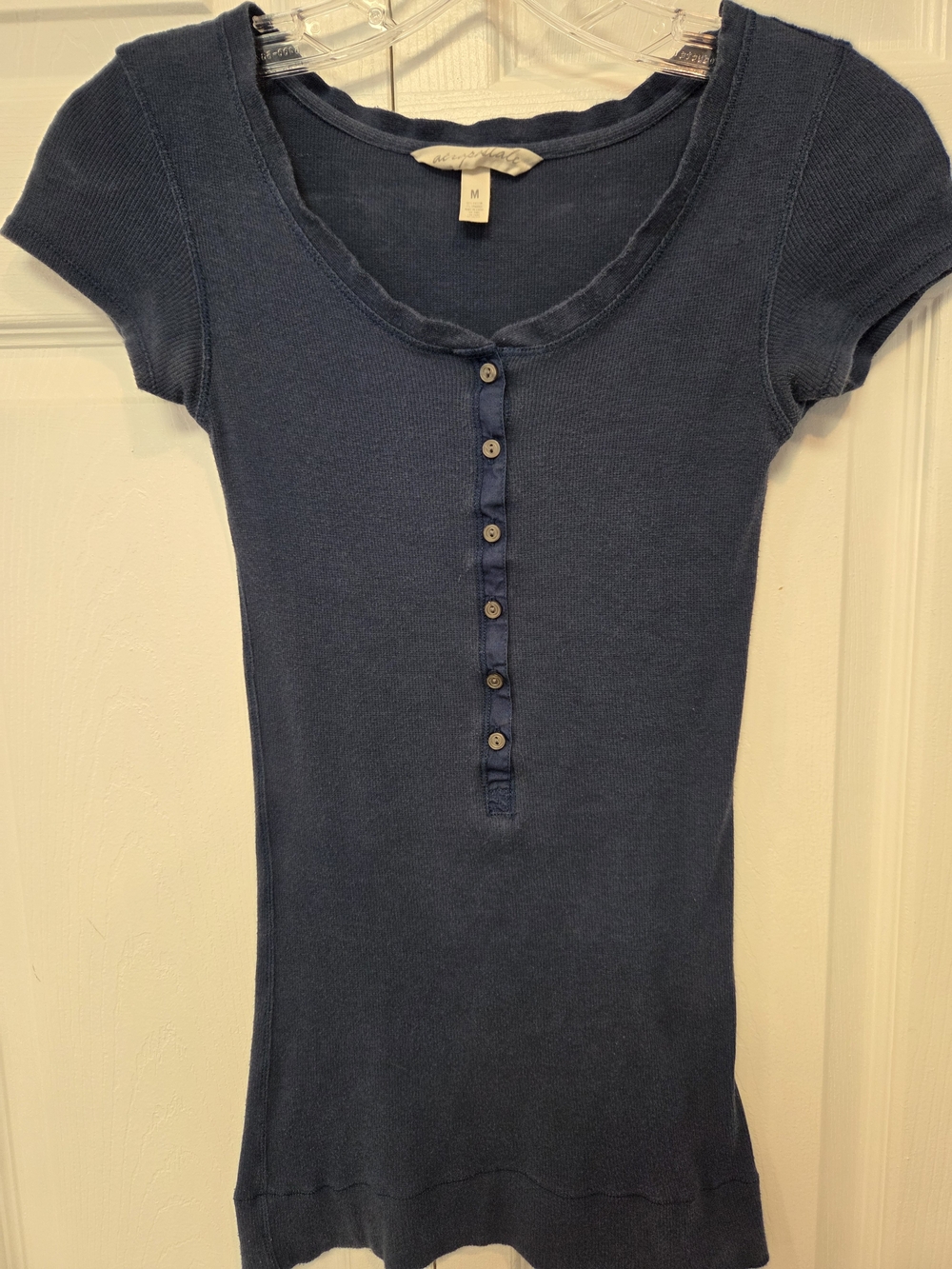 Aeropostale Navy Blue Short-Sleeve Ribbed Button-Front Tee